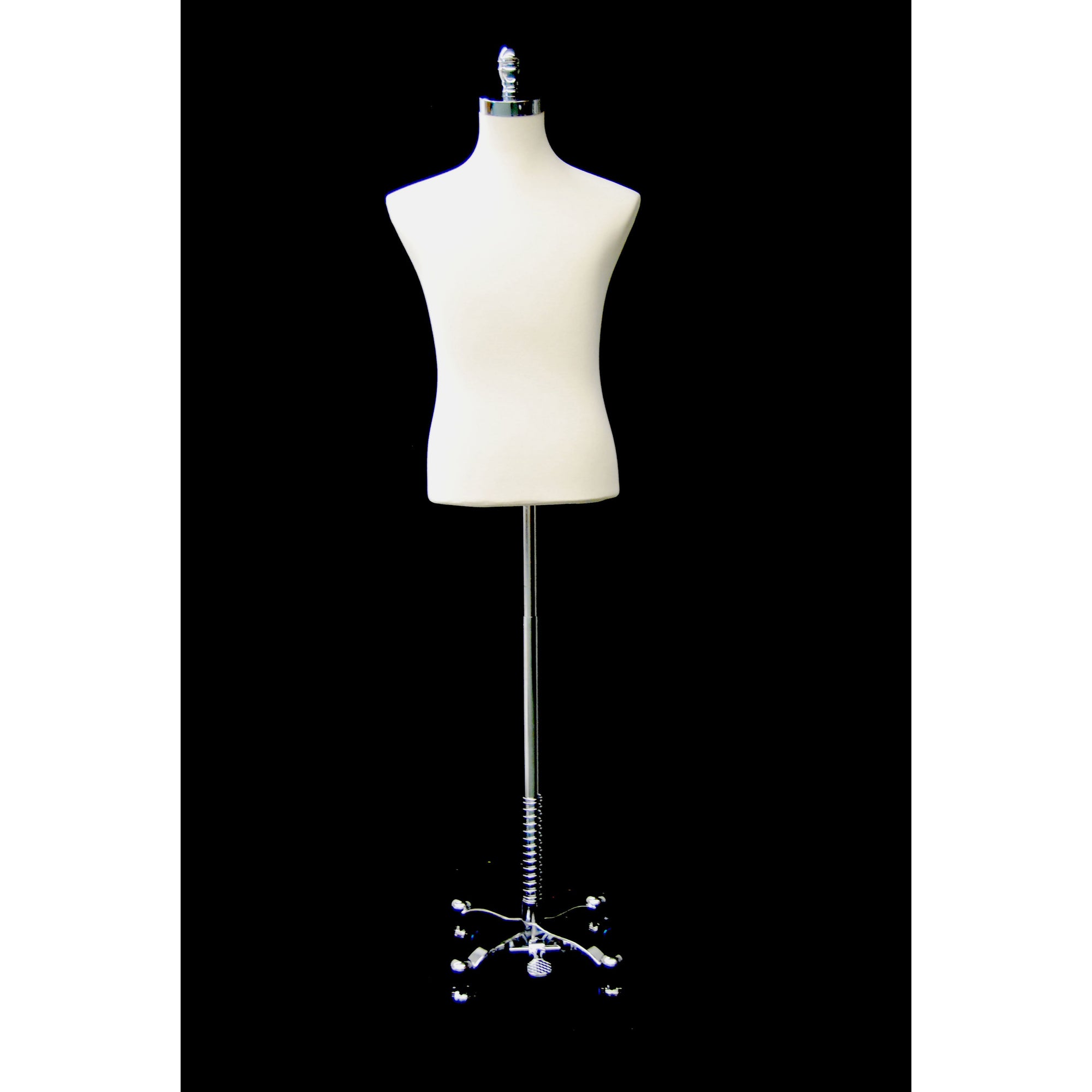 Male Display Dress Form on Chrome Rolling Base, male display form, off white male display form on chrome rolling base, off white male shirt form on chrome rolling base