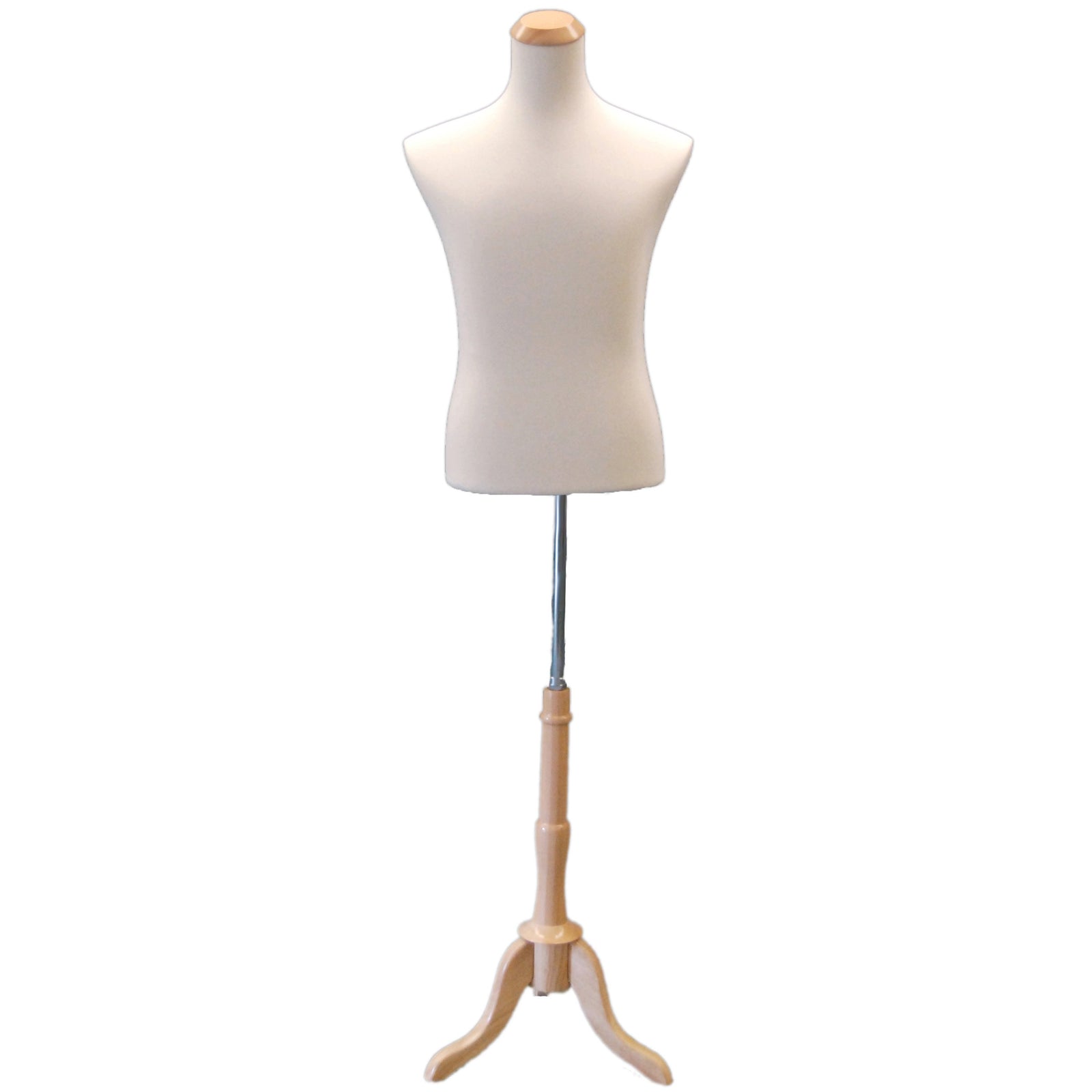 Male Display Dress Form on Natural Wood Tripod Base, male display form, off white male display form on natural wood tripod base, off white male shirt form on natural wood tripod base