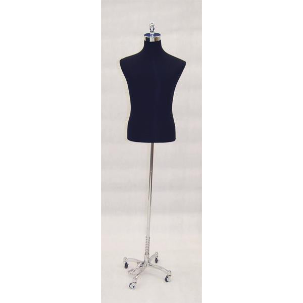 Male Display Dress Form on Chrome Rolling Base, male display form, black male display form on chrome rolling base, black male shirt form on chrome rolling base